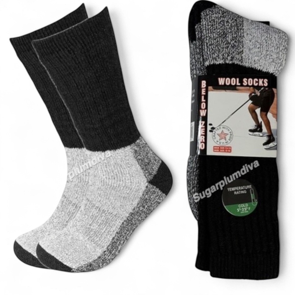 Winter Thermal Socks‎ Merino Wool Temperature Rated -25* Black Gray 9-11 NEW 2pk